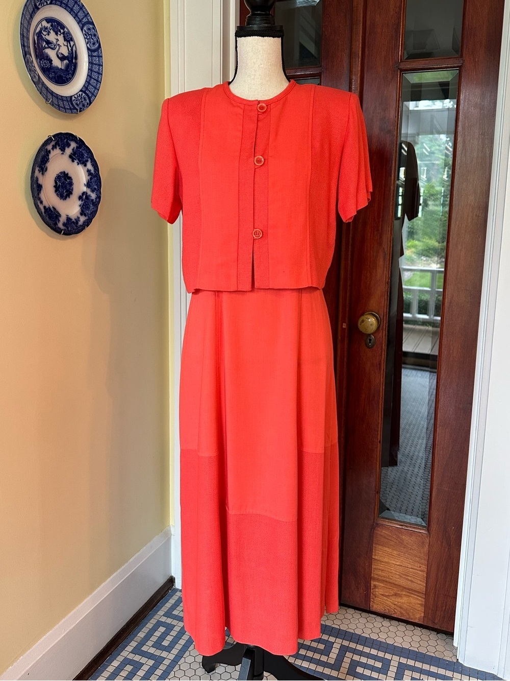 Melissa Collection | Vintage Coral Linen Blend Maxi Dress & Jacket Set, Size 8P
